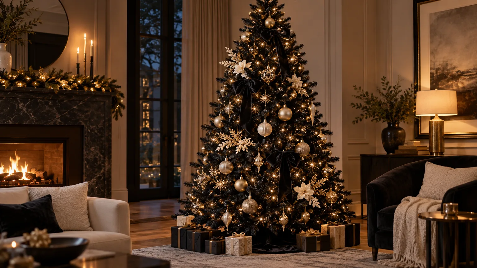 A black Christmas tree decorated with warm lights, antique gold ornaments, and ivory accents