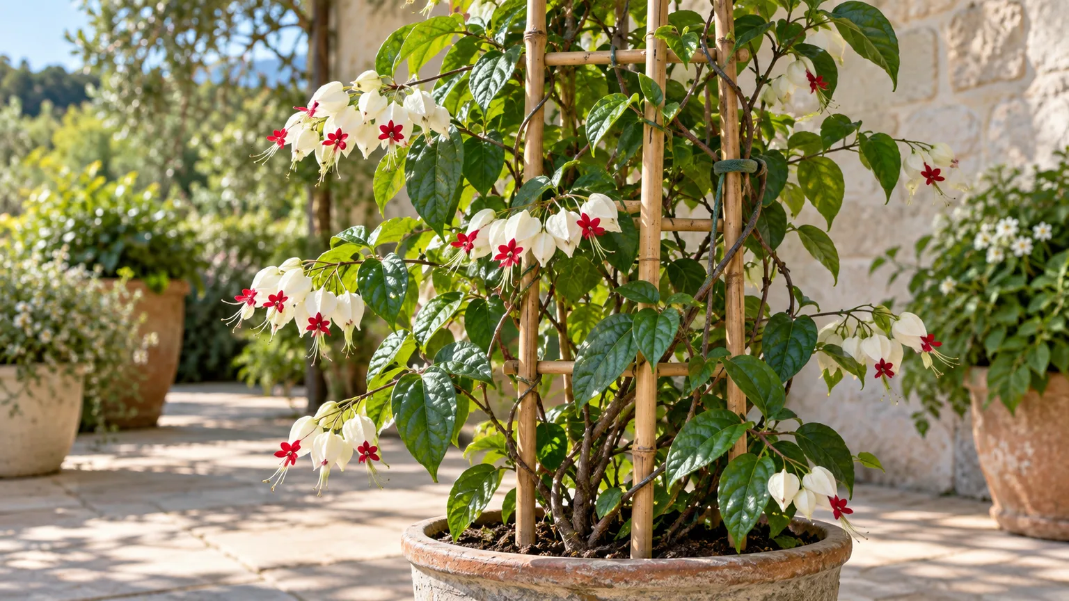 Bleeding heart vine trained to twine around a bamboo trellis