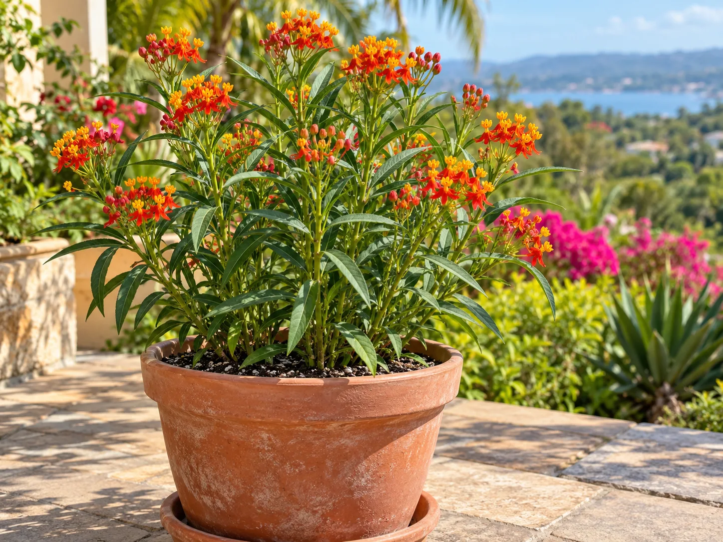 Blood flower growing in a deep terracotta container on a sunny patio