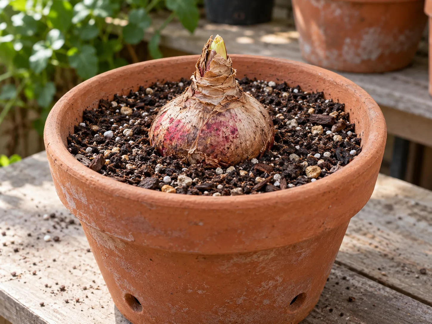 Blood lily bulb set upright in a gritty potting mix with its neck at the soil surface