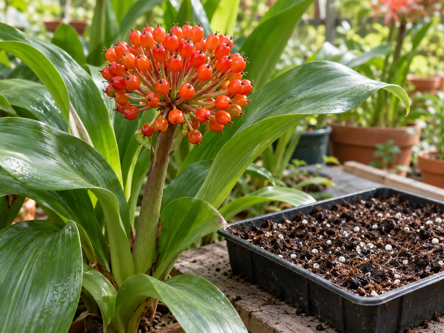 Ripe orange-red blood lily berries beside a tray of moist seed-starting mix