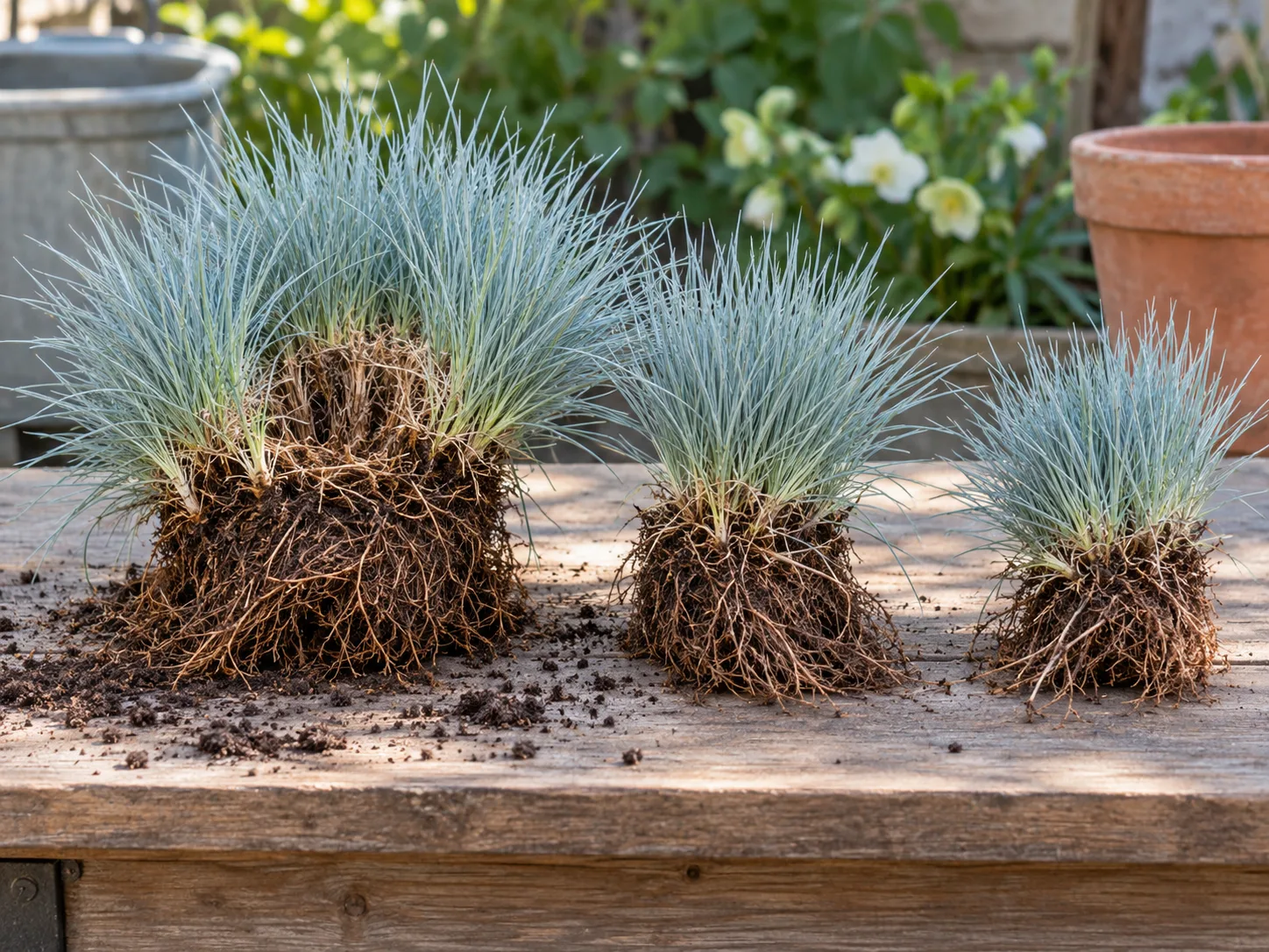 A mature blue fescue clump and two healthy divisions with exposed fibrous roots