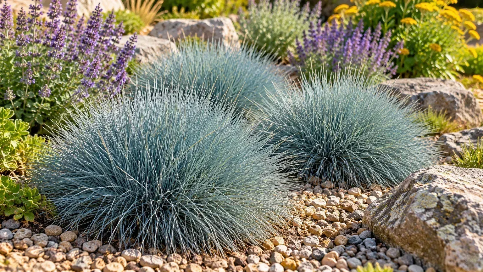 Healthy blue fescue mounds in a sunny gravel garden