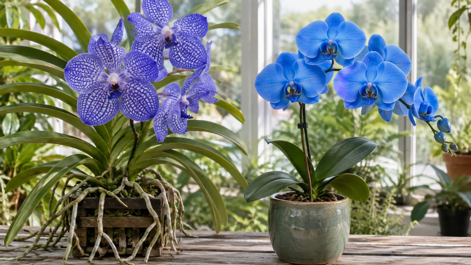 A patterned blue-violet Vanda coerulea beside a vivid blue dyed Phalaenopsis