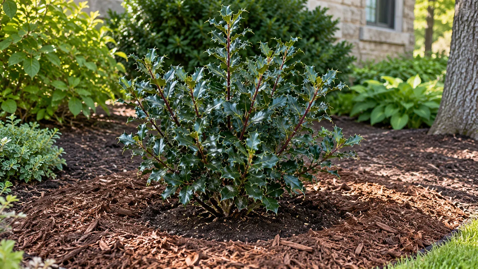 A young Blue Princess holly planted at the soil line in a mulched, well-drained garden bed.