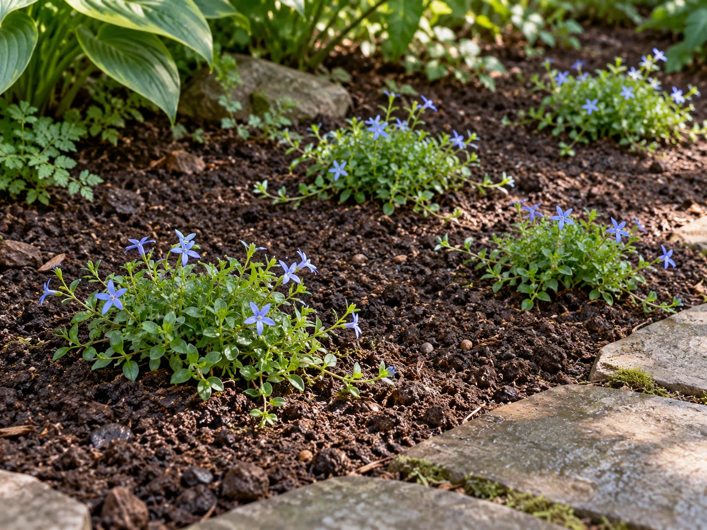 Blue star creeper plugs spaced across a prepared moist garden bed beside a stone path