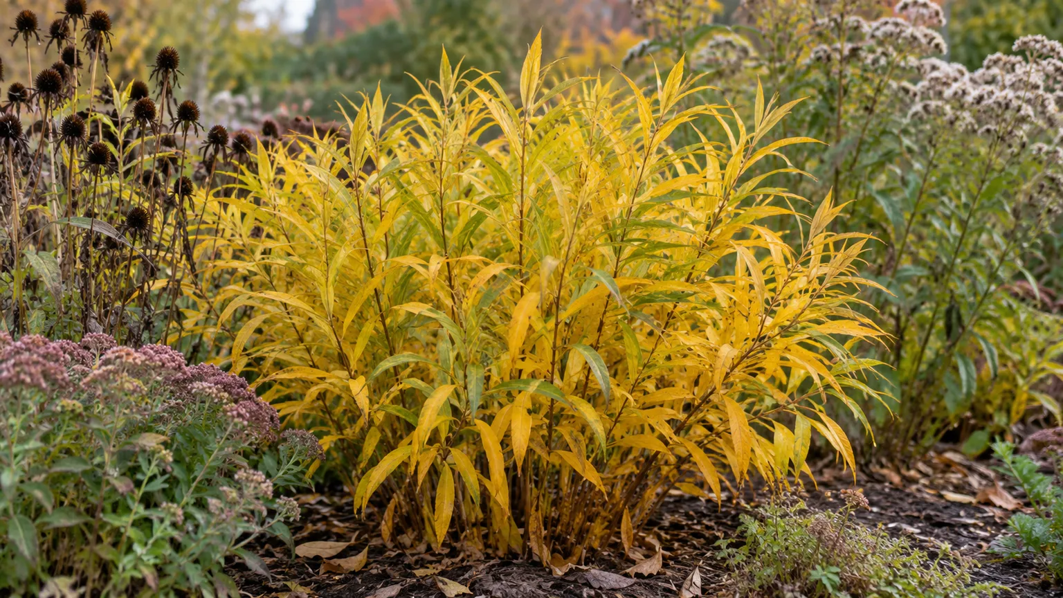 Eastern bluestar foliage turning golden yellow in an autumn garden border