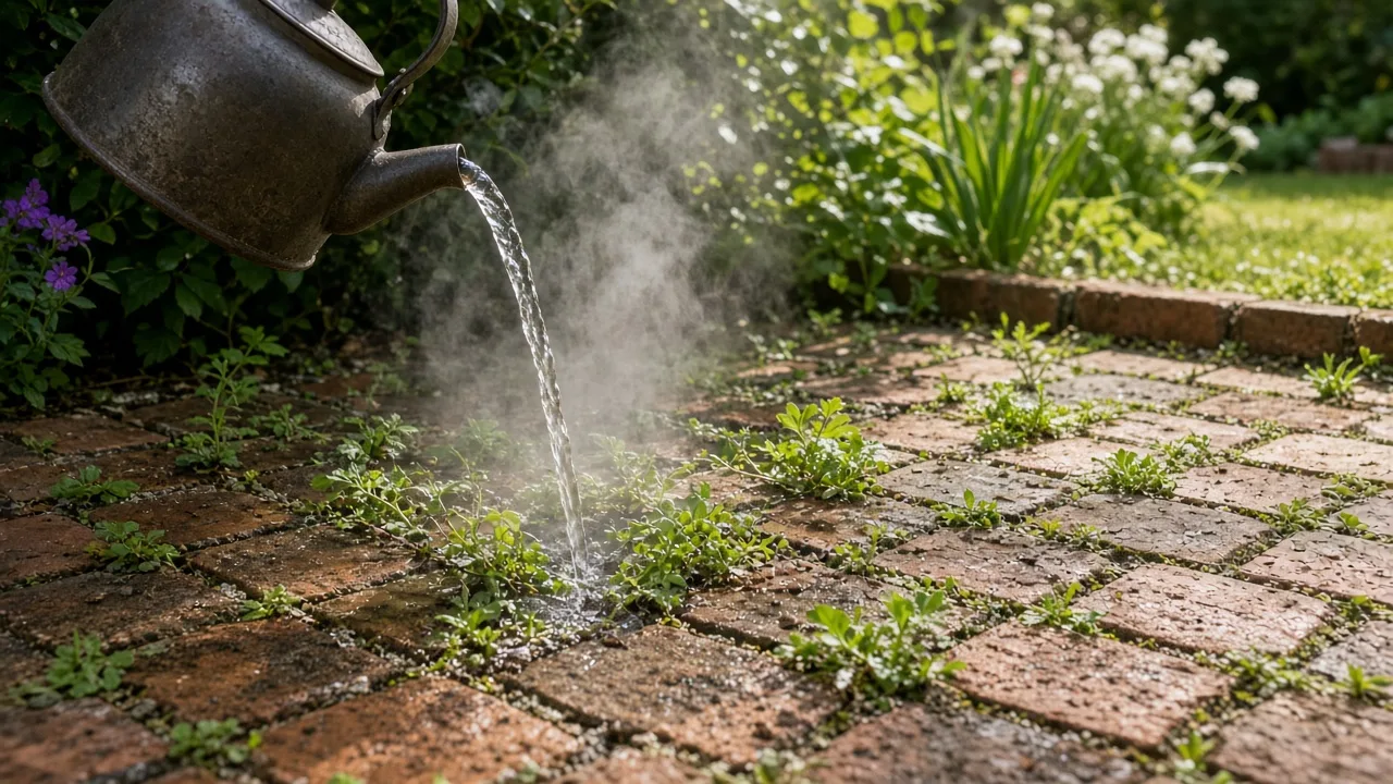 Boiling water directed at weeds growing between brick pavers