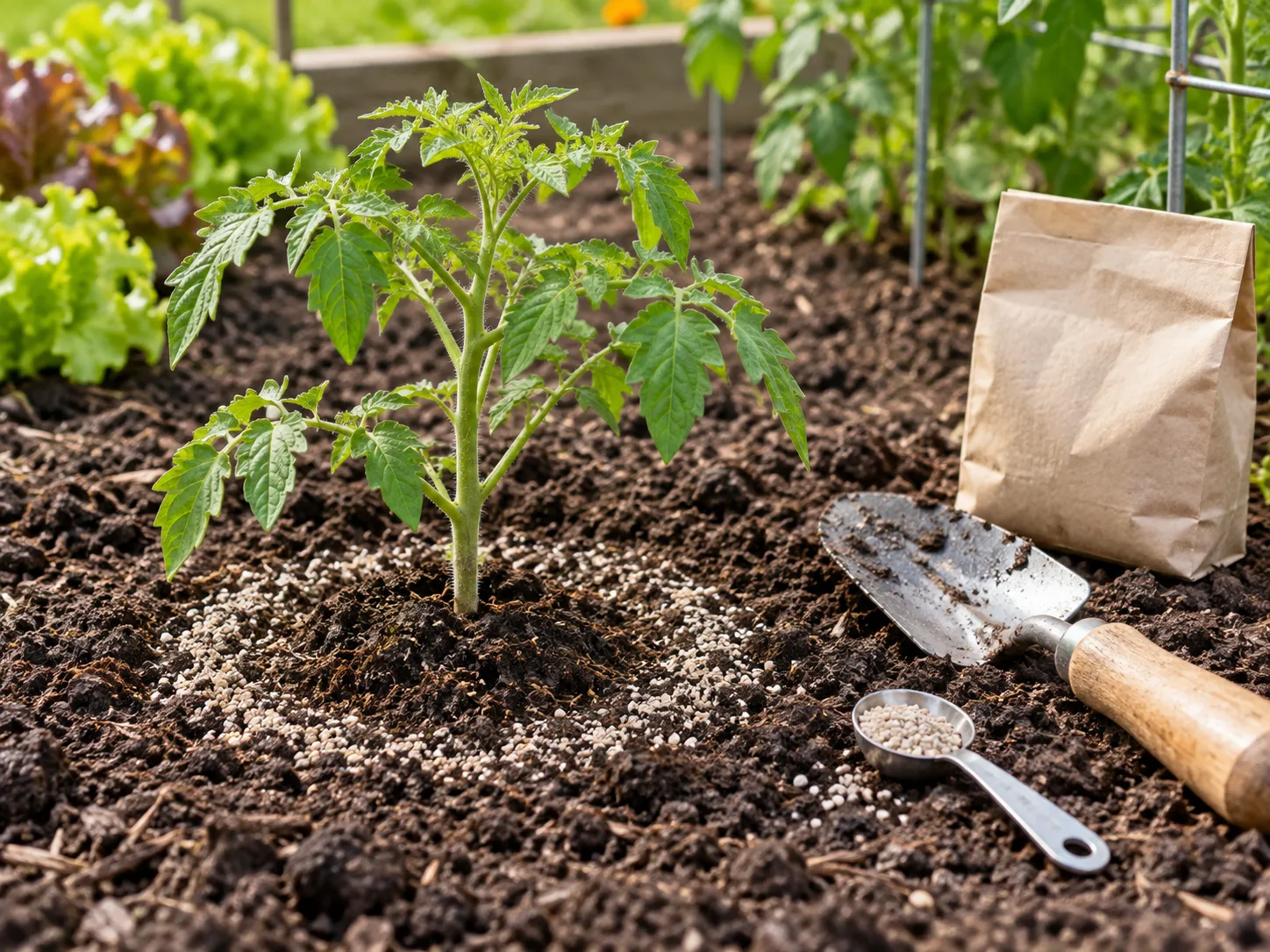 Granular garden amendment measured beside a tomato plant before mixing into soil
