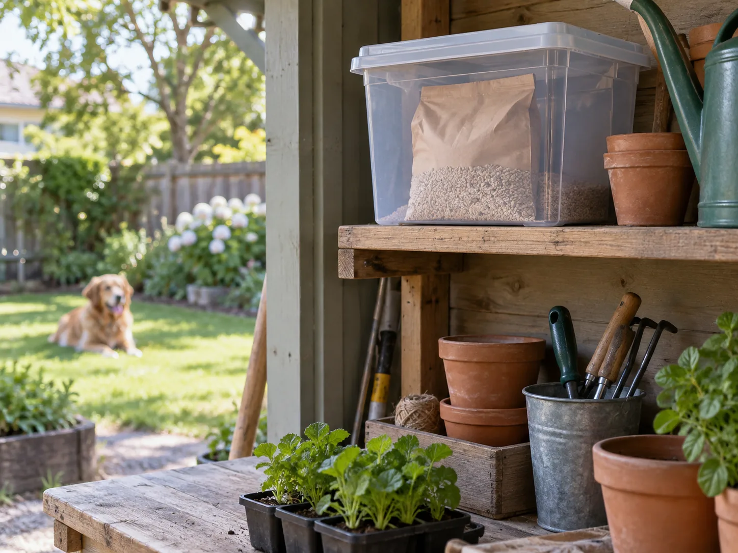 A garden fertilizer bag secured in a sealed storage bin with a dog in the yard