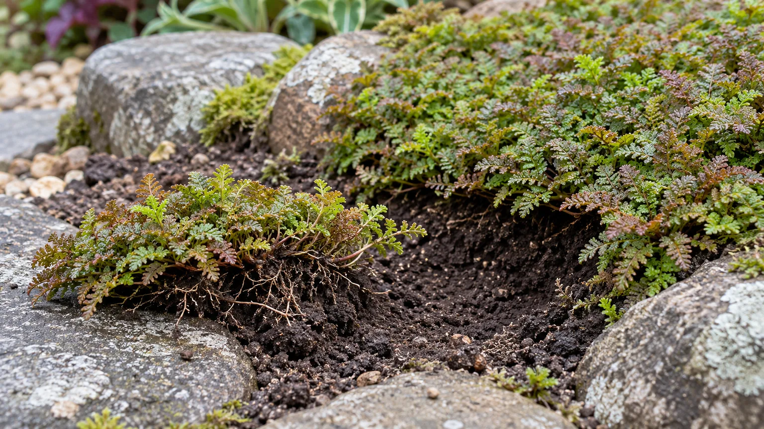 A rooted brass buttons runner lifted from a low groundcover mat and ready for division