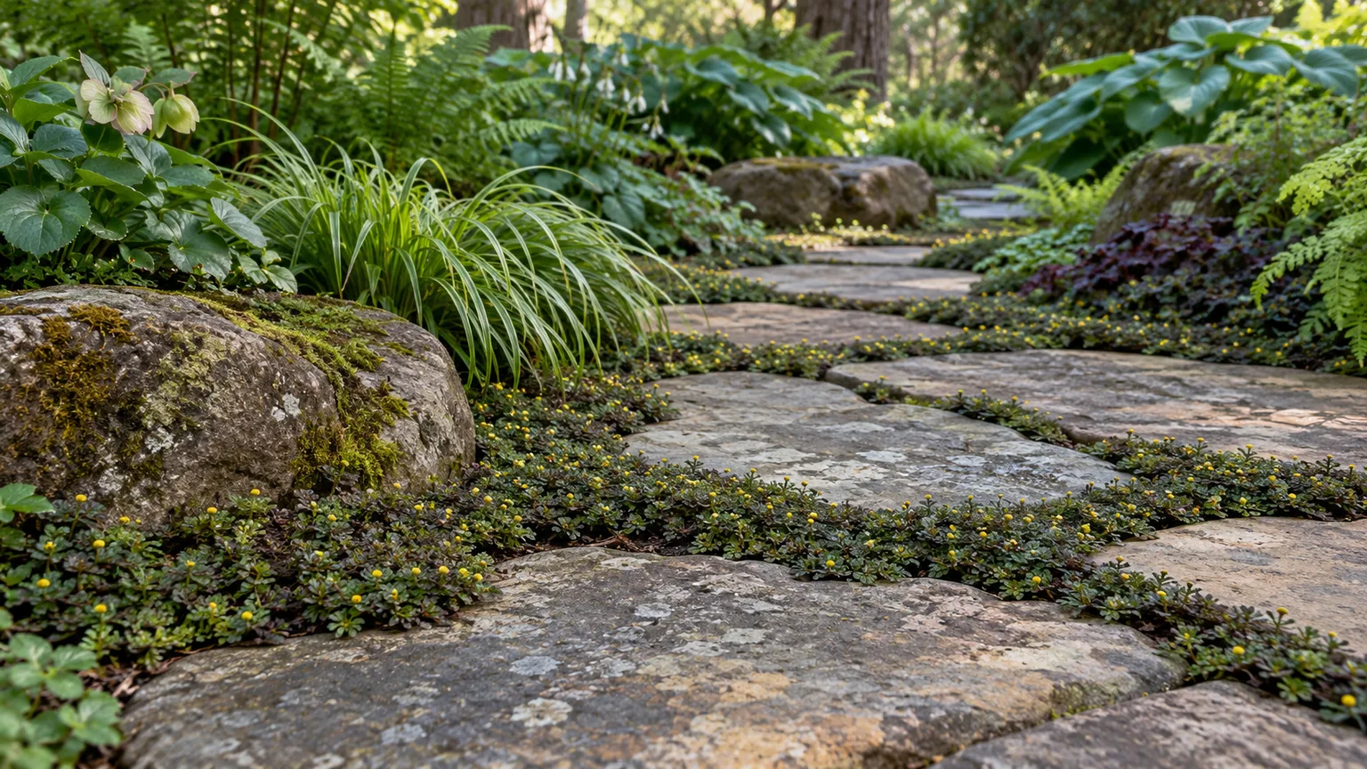Broad flagstone slabs forming a garden path among low groundcover and border stones