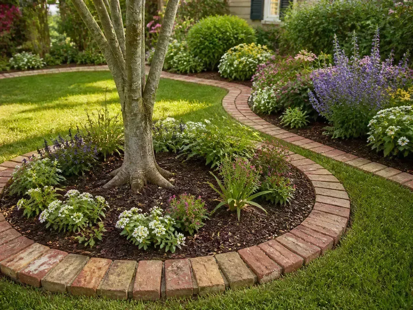 Curved brick edging around a circular planting bed beside lawn