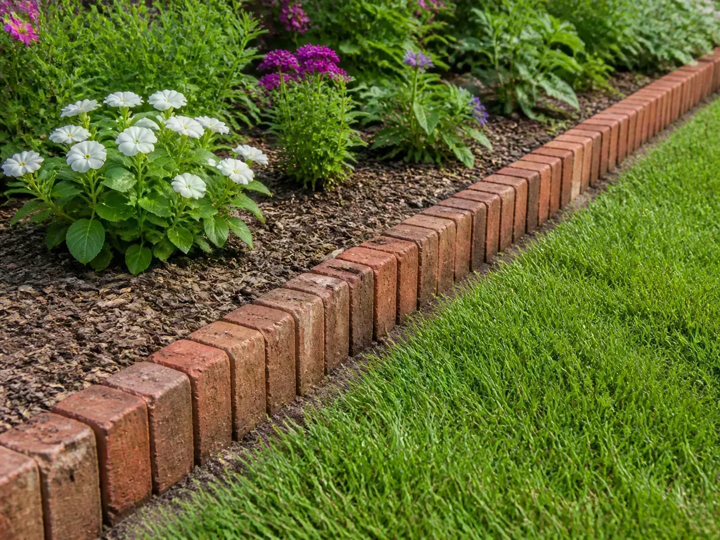 Low brick edging laid flat so a mower can pass along the lawn edge