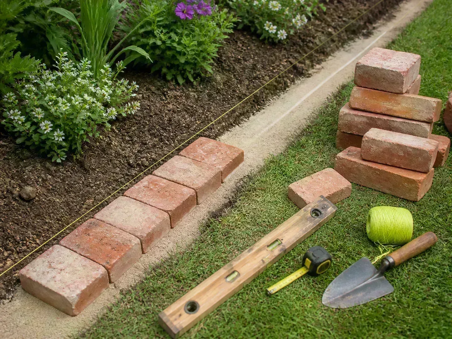 Natural stone and brick edging integrated into a landscaped garden bed along a sloped backyard border