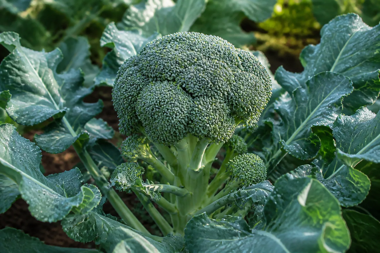 A mature broccoli crown with tightly packed green buds and smaller heads forming nearby