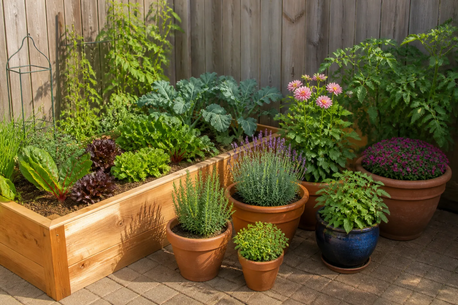 Raised beds and container plantings bring vegetables, herbs, and flowers into a compact backyard