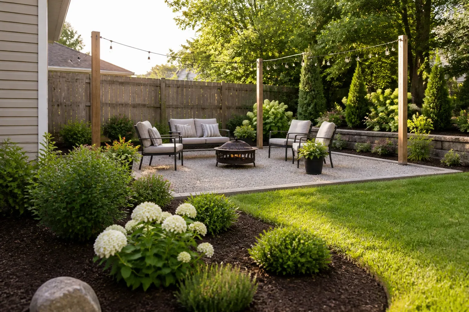 Budget-friendly front yard with defined planting beds, gravel path, and colorful flowers boosting curb appeal