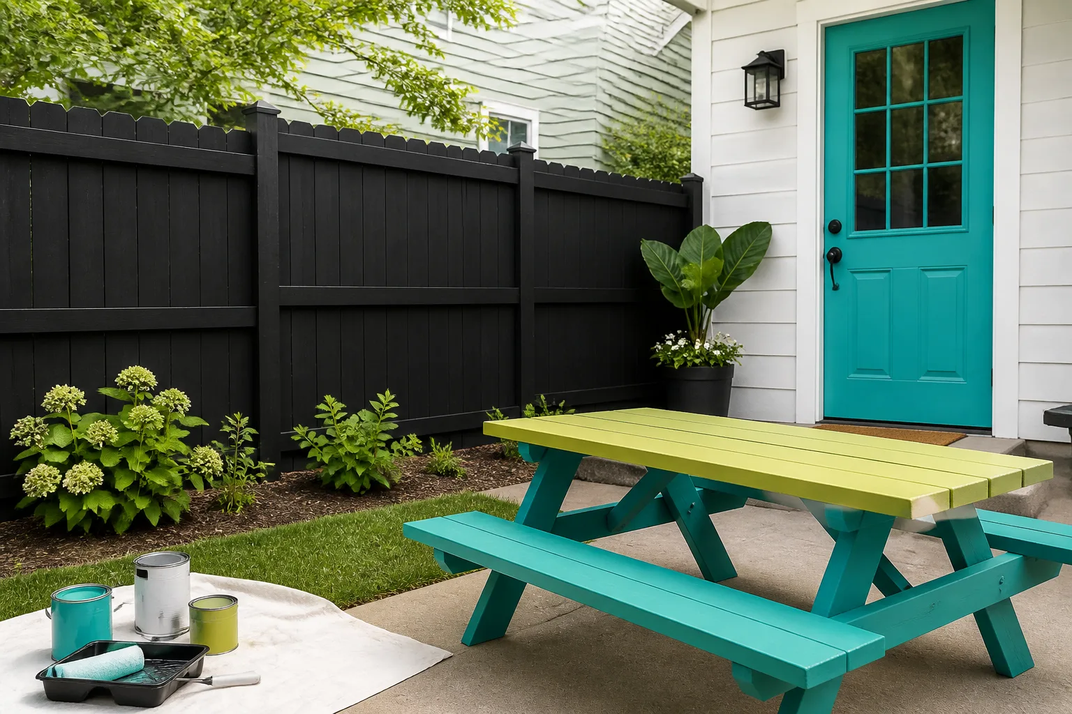 Painted concrete patio with a bold geometric pattern defining an outdoor dining zone