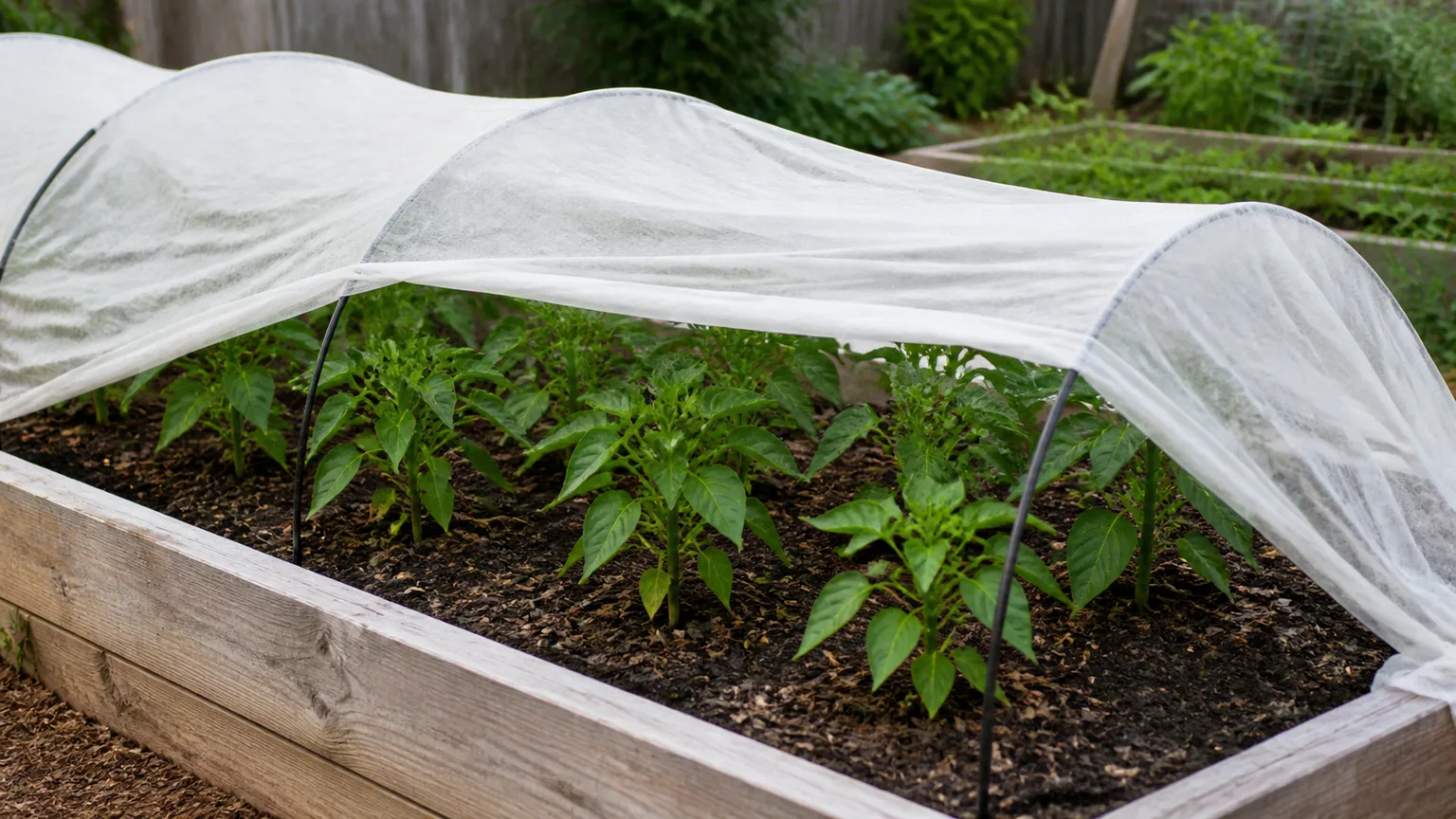 A row cover protecting young solanaceous seedlings in a raised bed