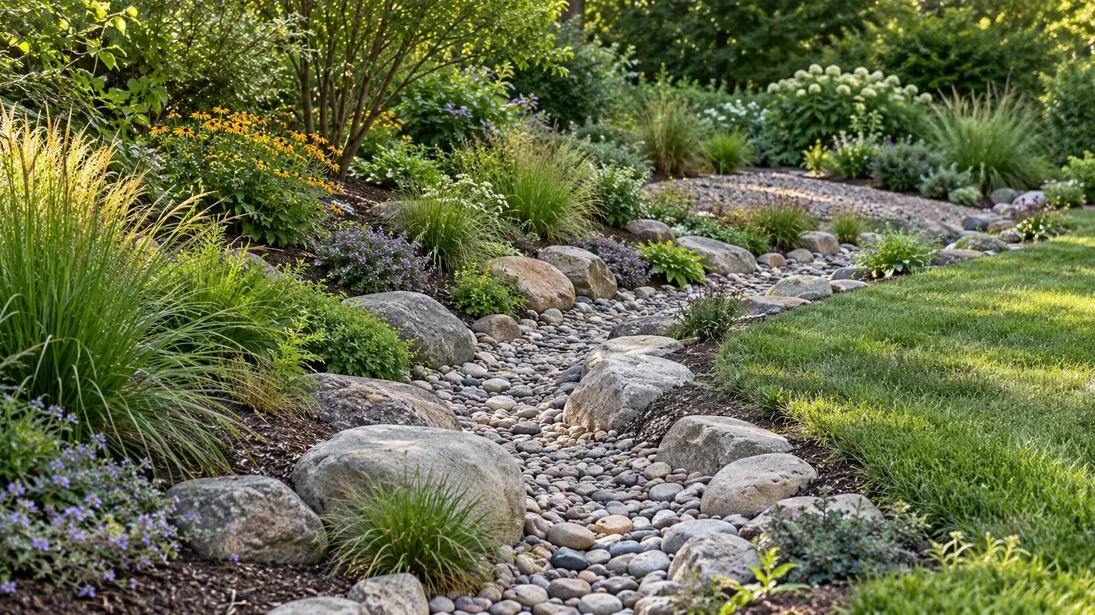 A curved dry creek bed lined with river rock and planted grasses in a residential yard