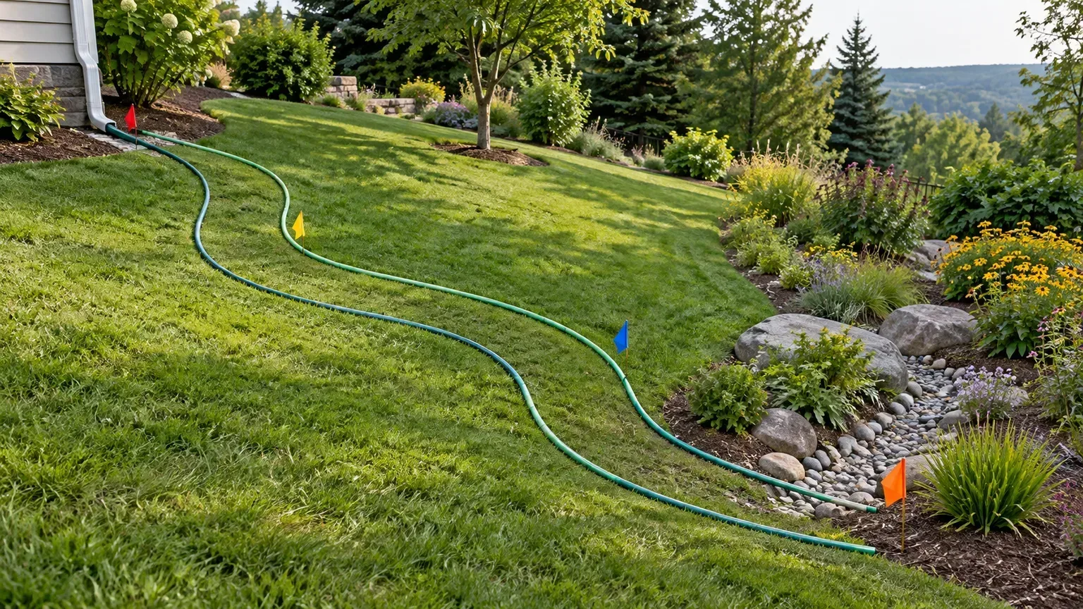Garden hoses outline a proposed route for stormwater along a planted yard slope