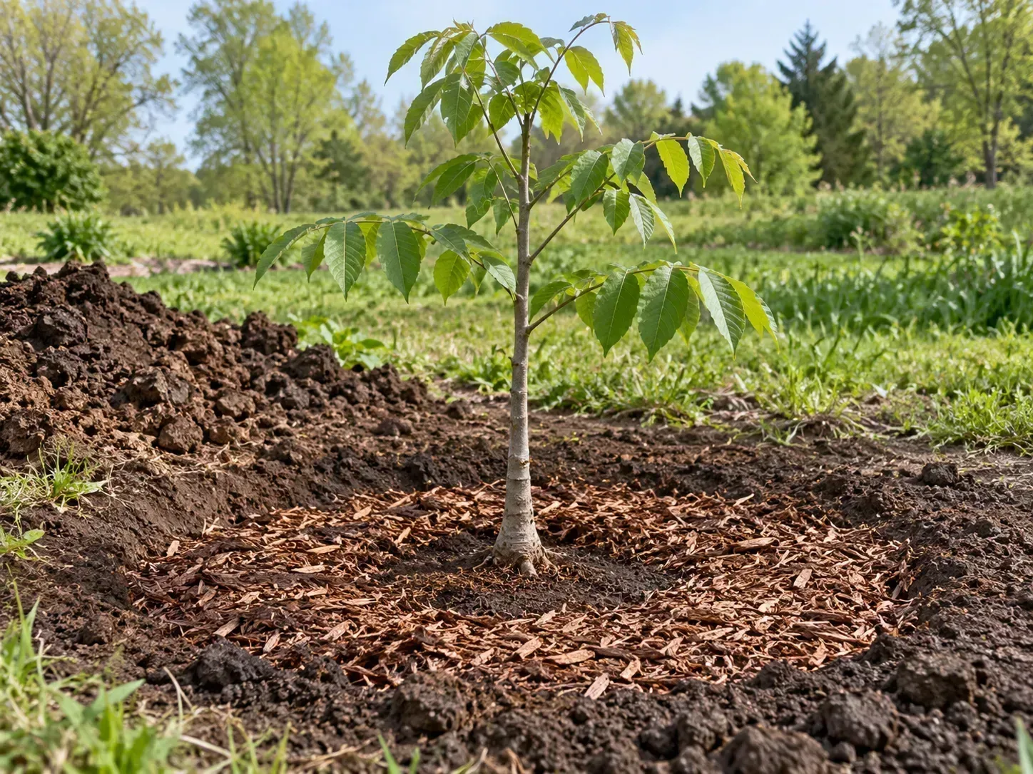 Young butternut sapling planted with its root flare visible above grade and mulch away from the trunk