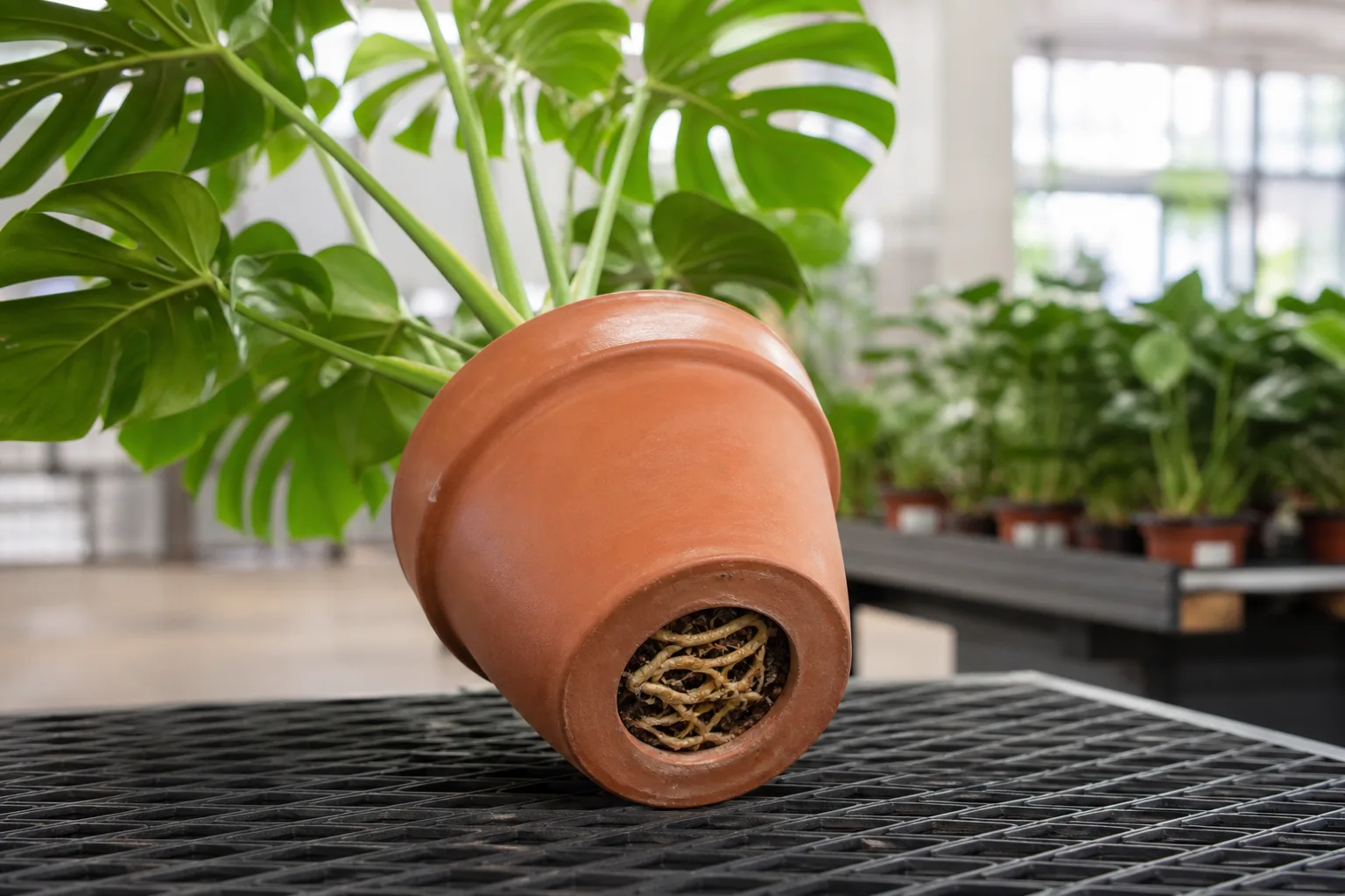 Healthy roots visible at a Monstera pot drainage hole during a pre-purchase check