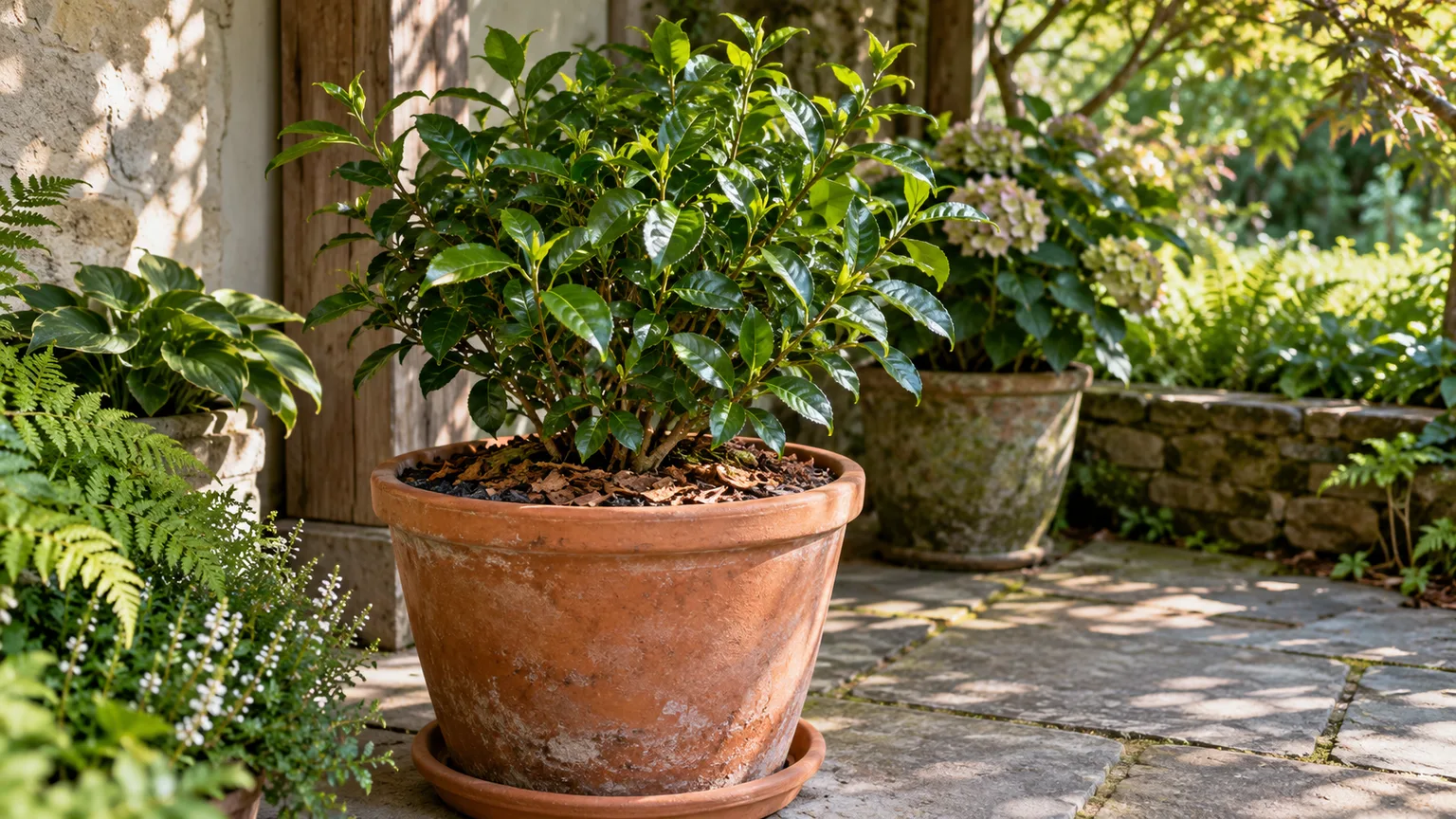 A tea plant growing in a large, sheltered patio container with acidic mix and light mulch.