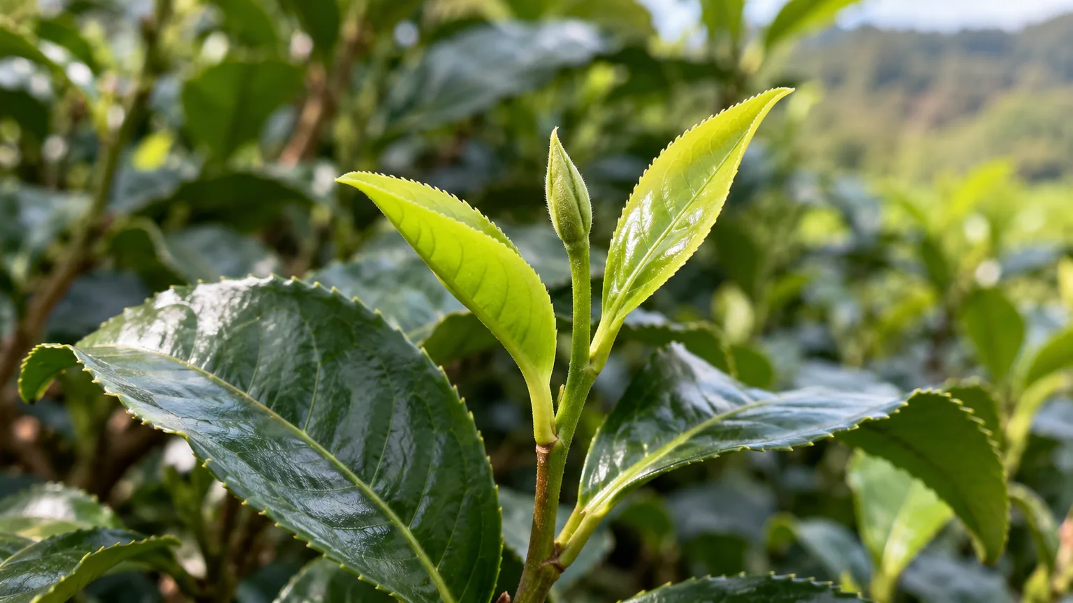 The fresh flush of Camellia sinensis: one tender bud and two young leaves above mature foliage.