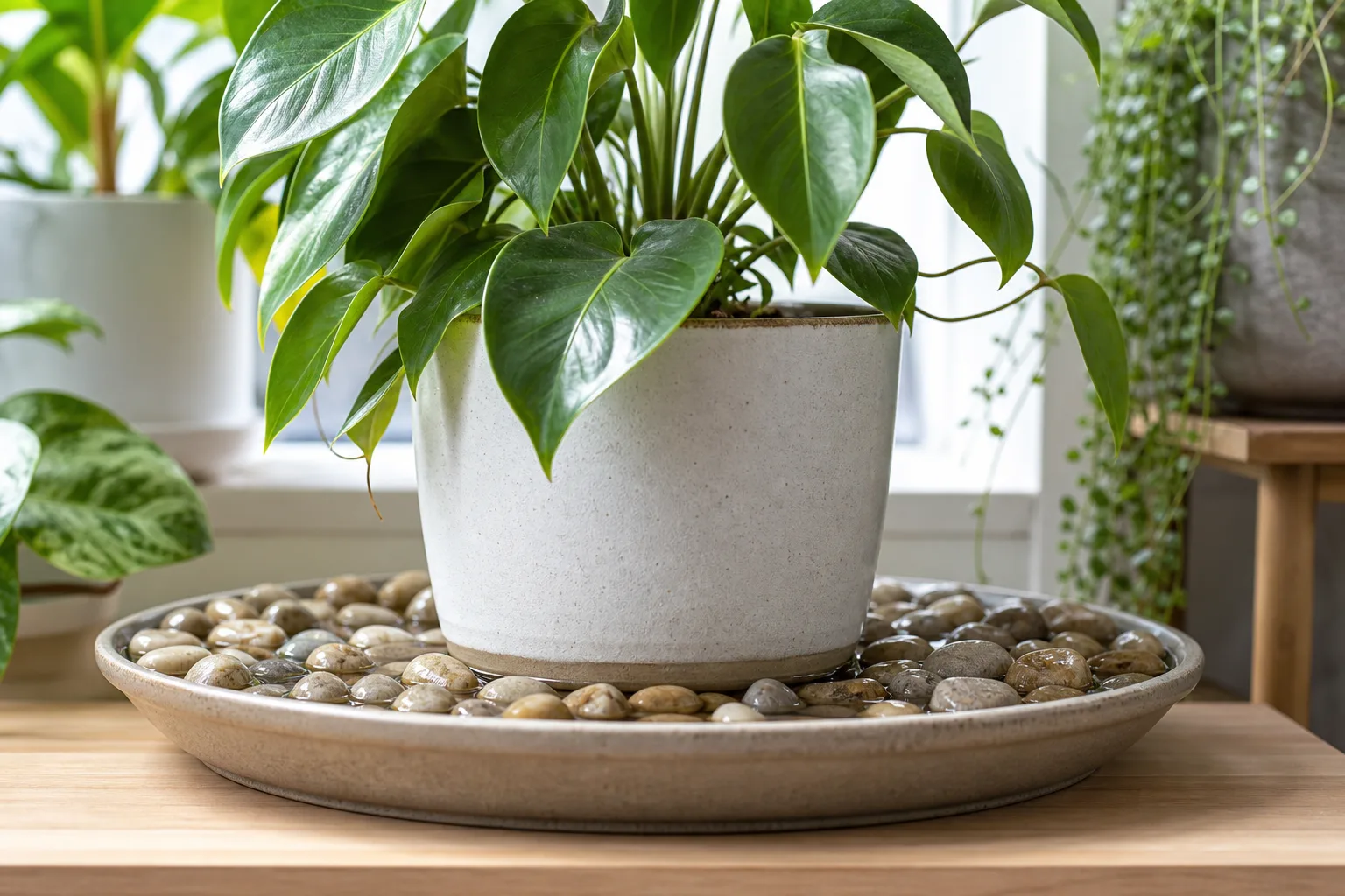 Houseplant with crisp brown leaf tips beside a water-filled pebble tray