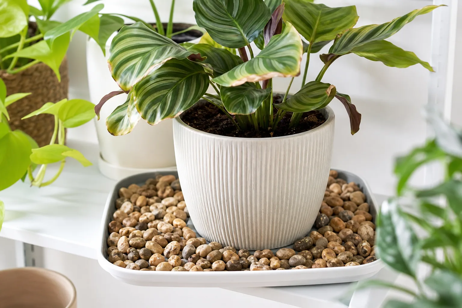 Houseplant humidity pebble tray setup with pot above the waterline on pebbles