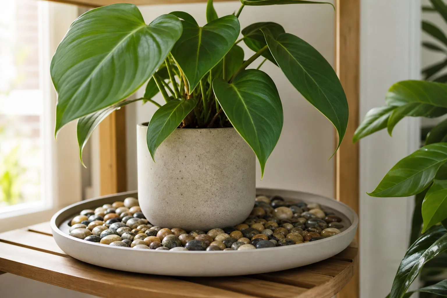 Houseplant with crisp leaf margins above a correctly filled pebble tray