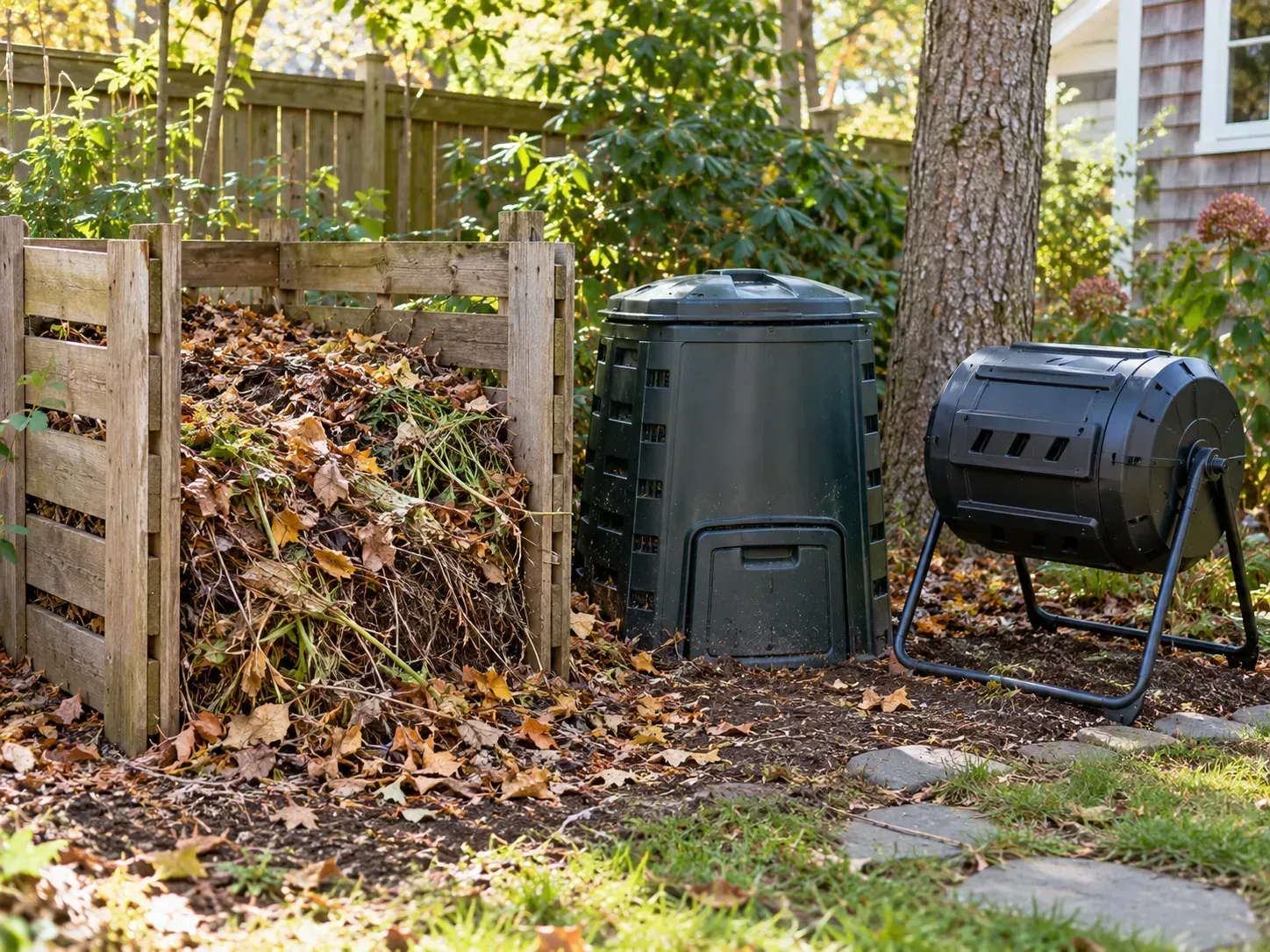 A backyard compost setup with a compost pile and lidded plastic bins