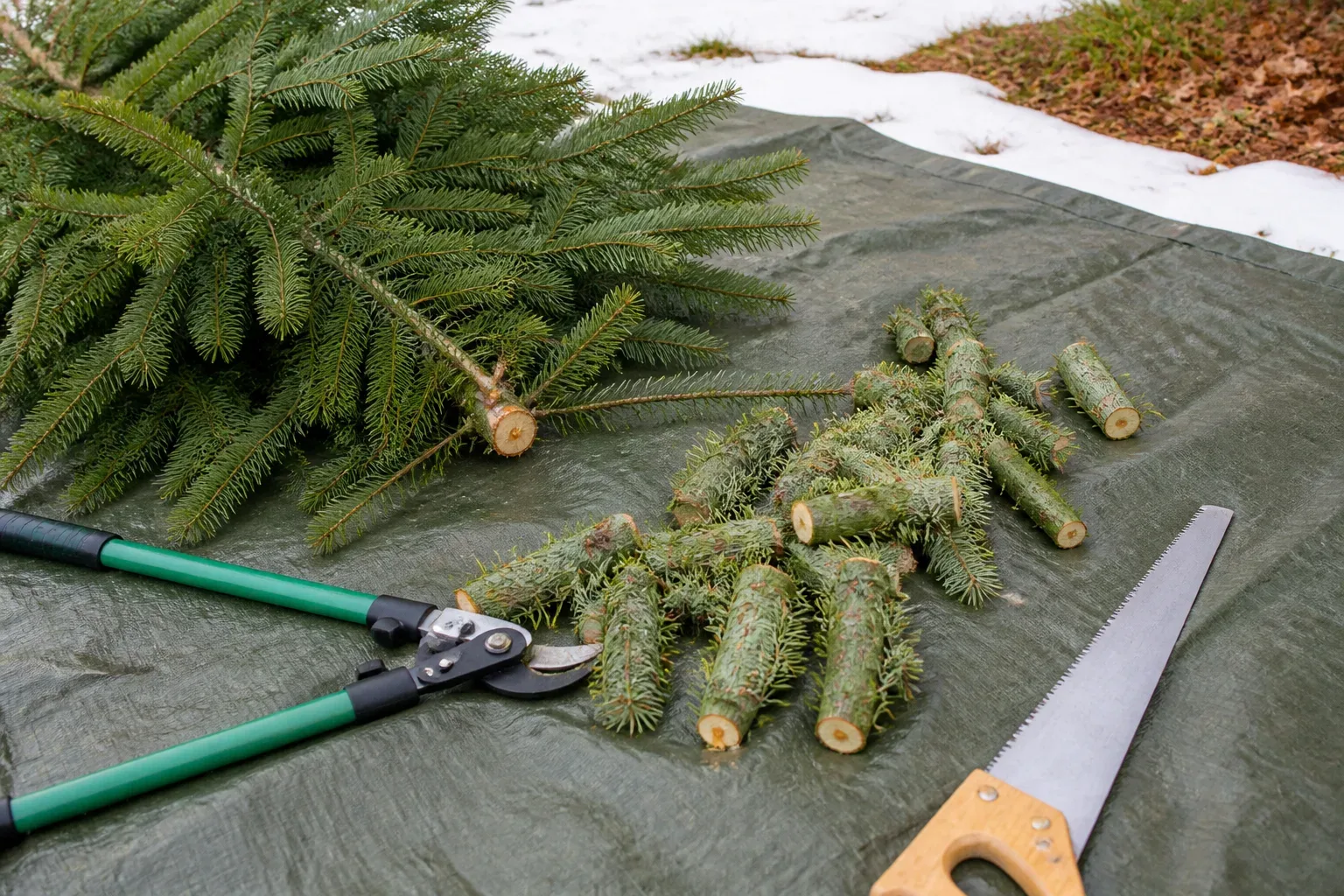 Fresh evergreen branches and hand tools arranged for a DIY Christmas tree project