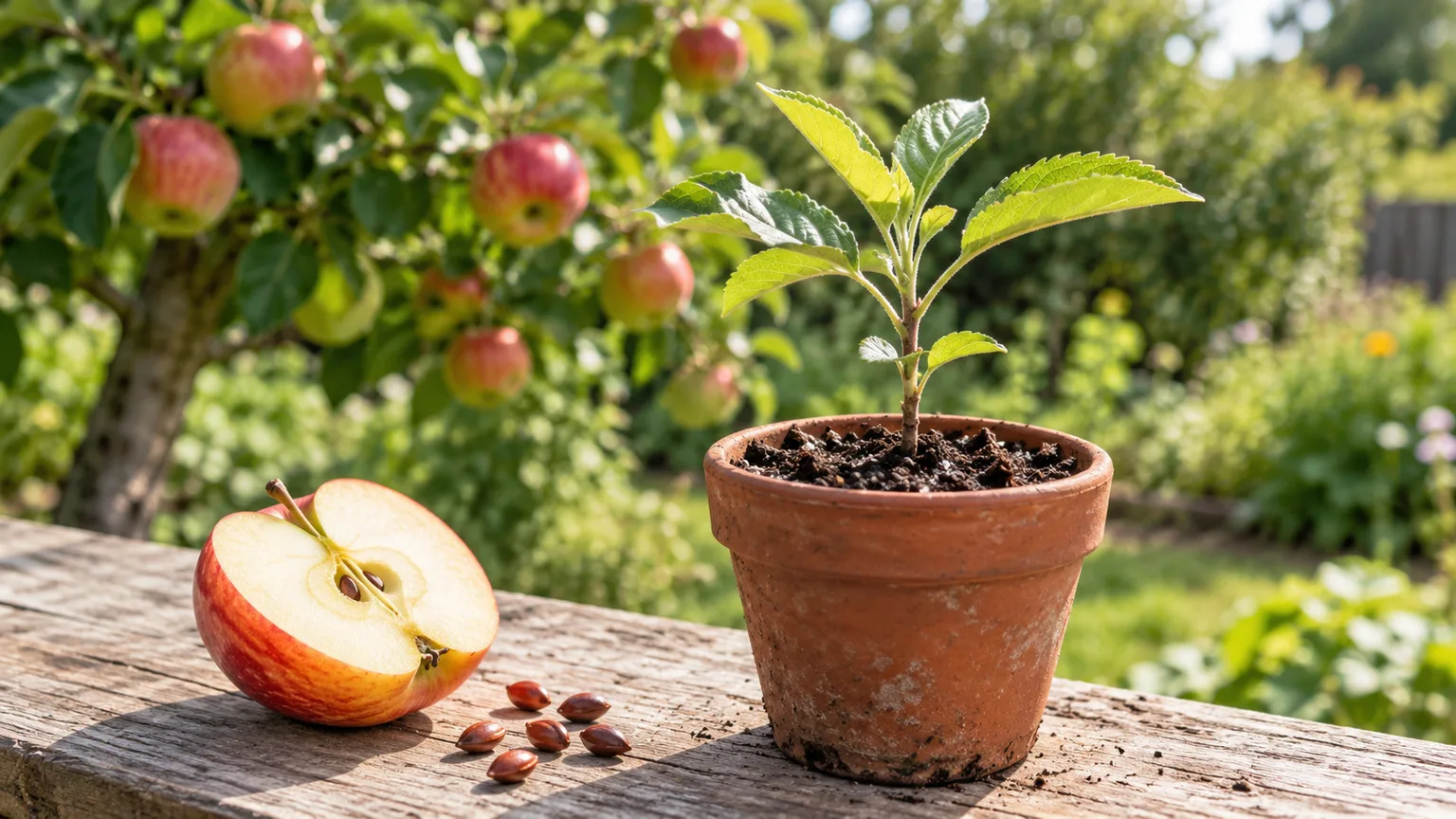 Apple seedling beside apple seeds and ripe fruit