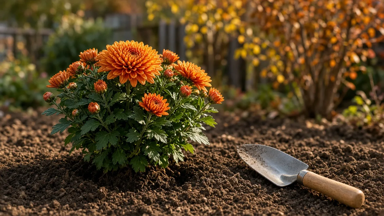 Newly planted orange and bronze chrysanthemum in an autumn garden bed beside prepared soil