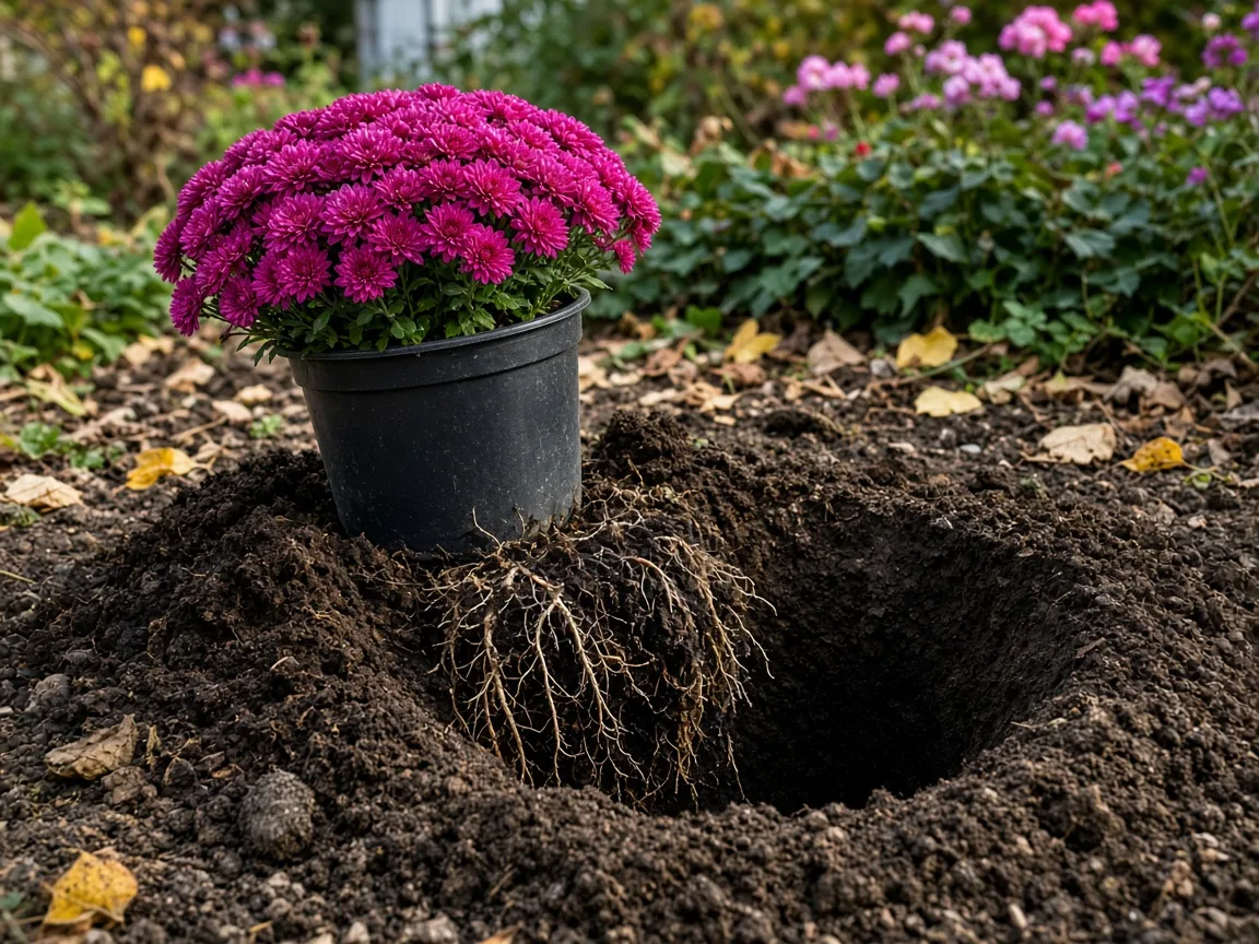 Potted magenta chrysanthemum beside an open planting hole with loose roots and garden soil