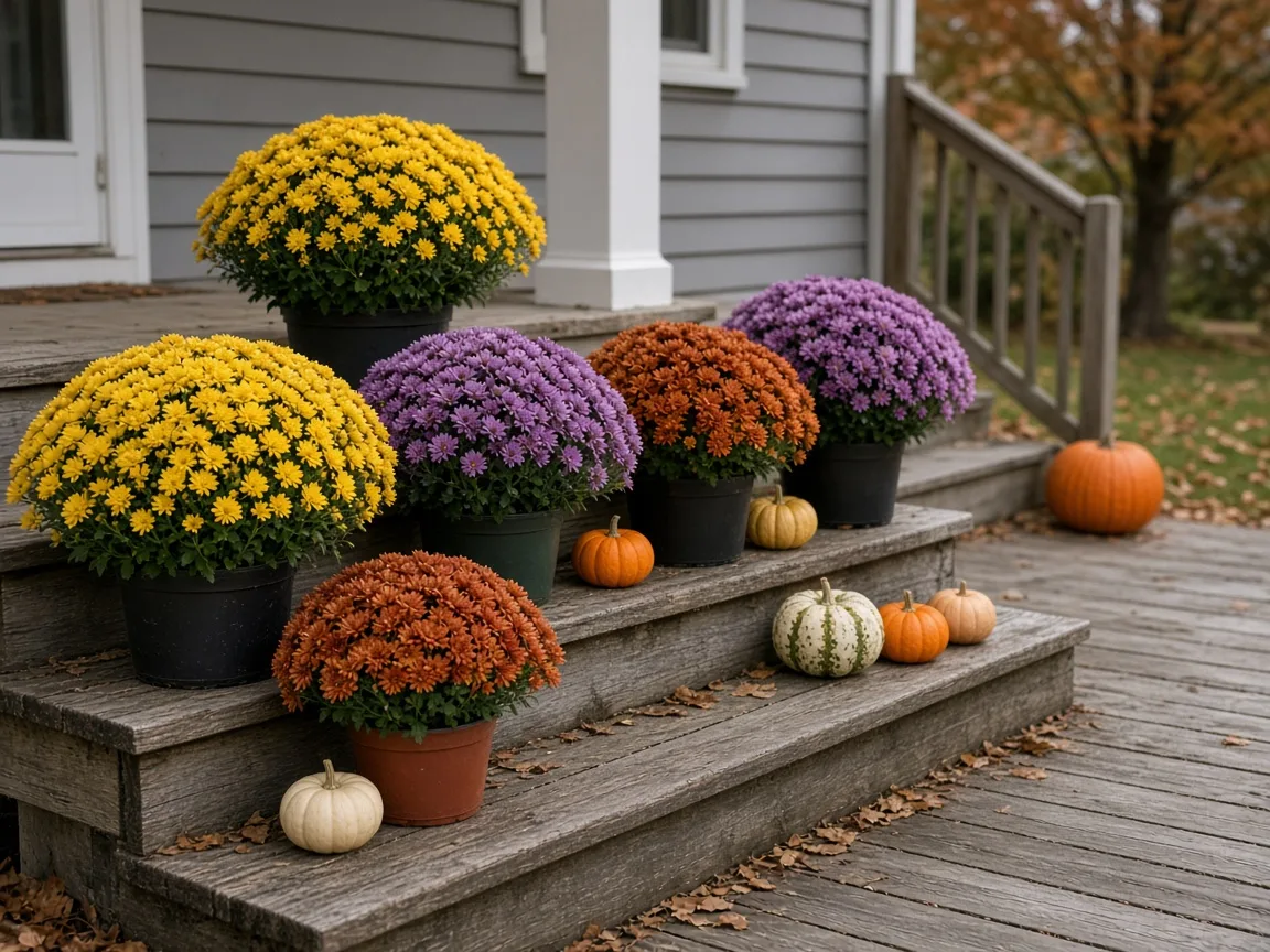 Yellow, purple, and bronze potted mums arranged on porch steps for fall color