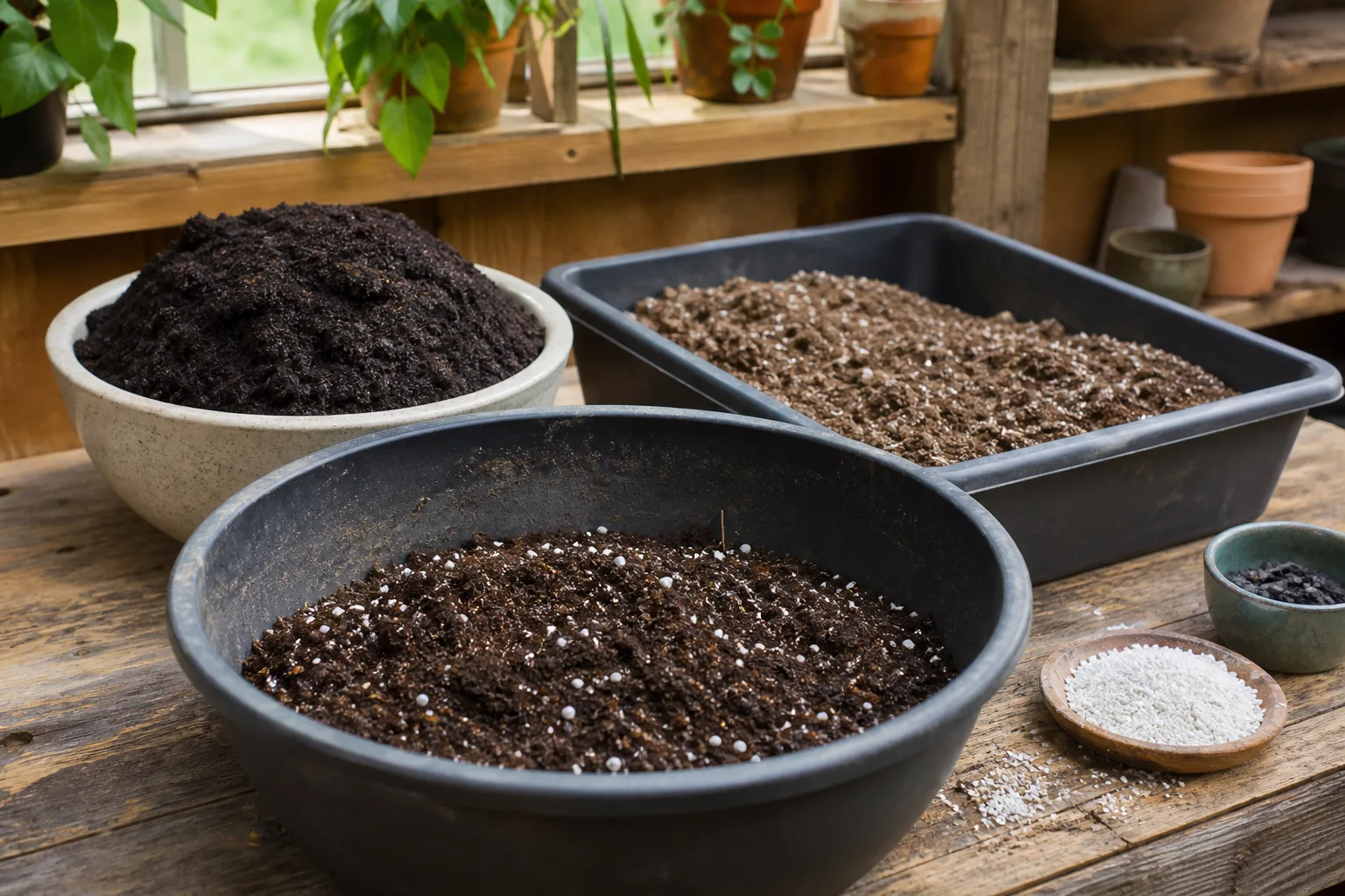 Compost and soil amendments spread over a garden bed before spring planting and pH adjustment