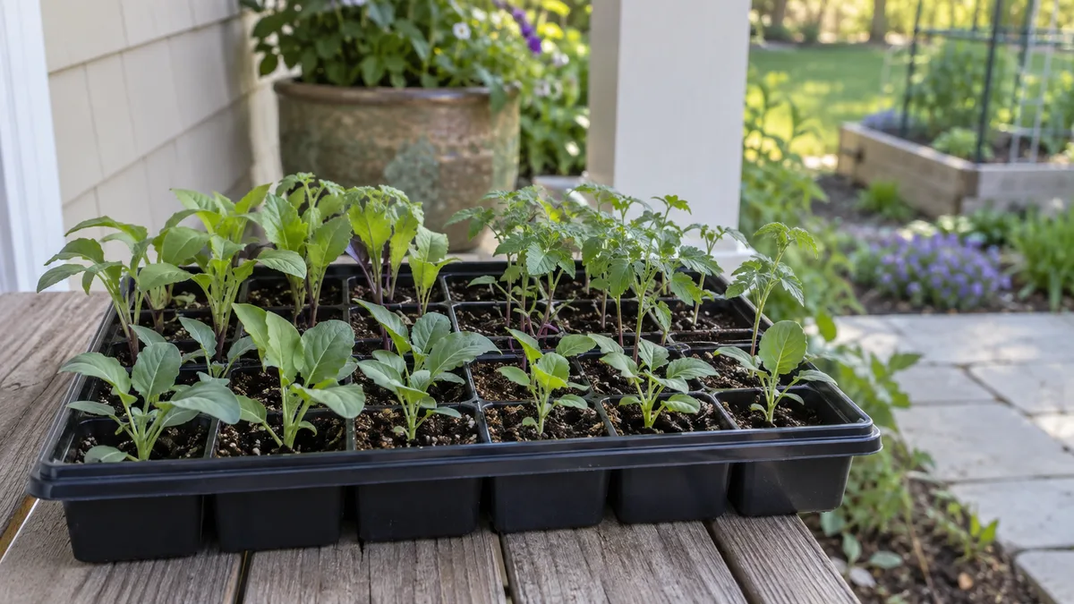 Seedling trays acclimating outdoors in a sheltered, partly shaded garden spot
