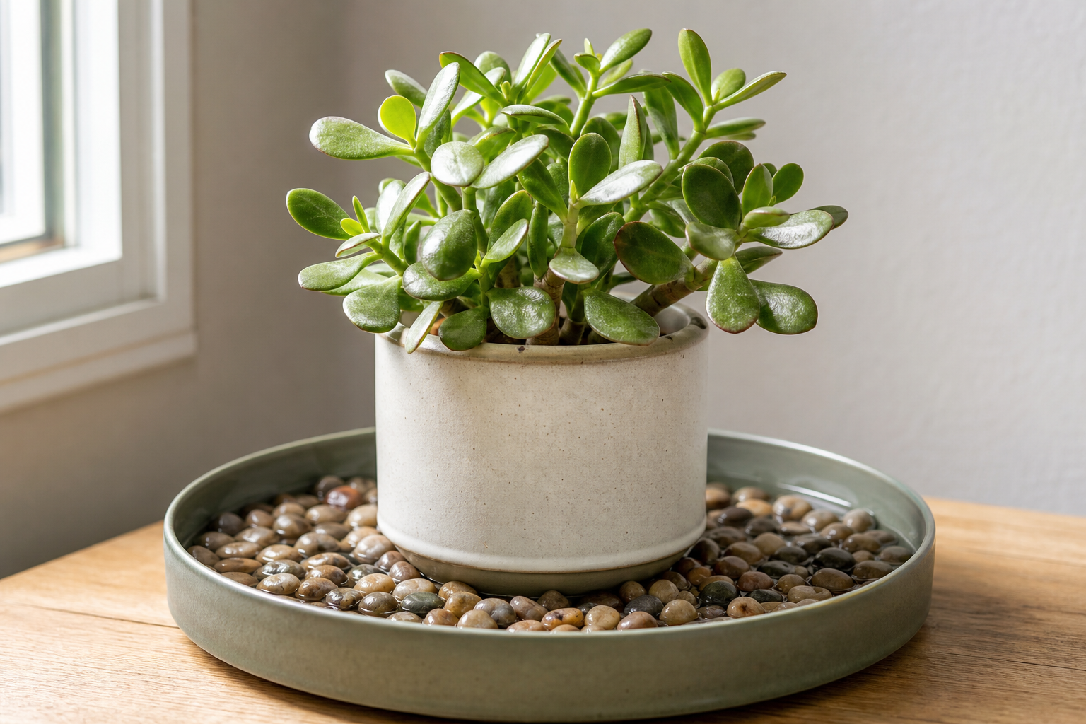 Bright windowsill with well-drained succulents — light and drainage matter more than humidity trays