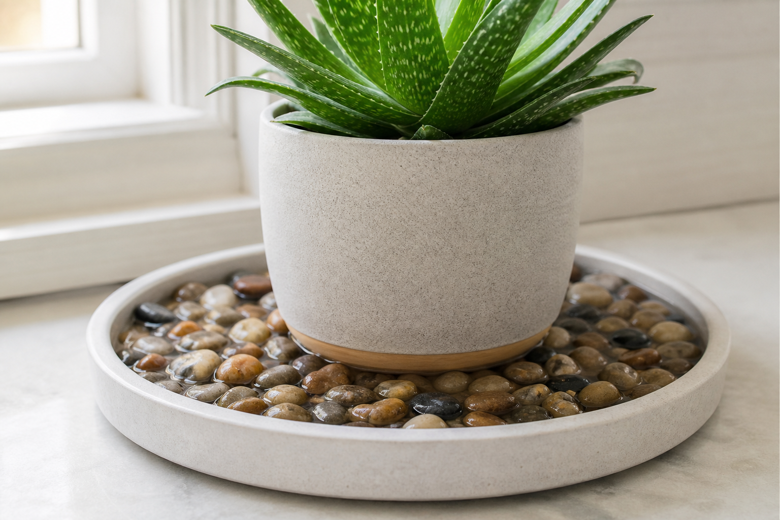Holiday cactus beside a correctly filled pebble tray on a windowsill