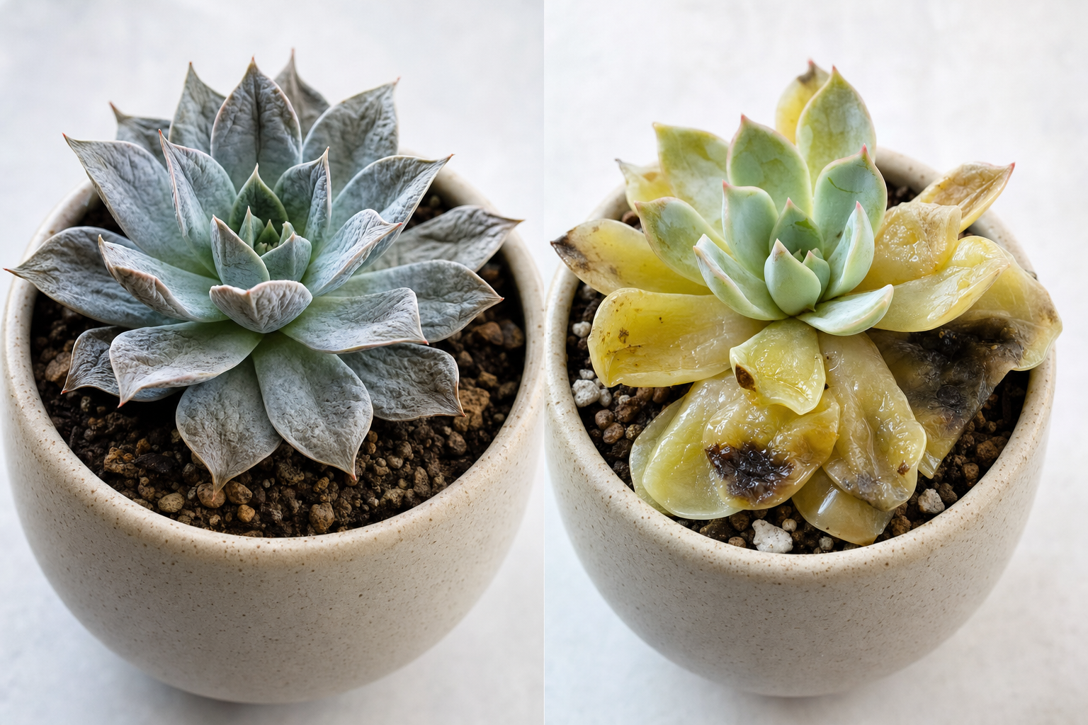 Side-by-side comparison: wrinkled underwatered Echeveria leaves vs mushy overwatered leaves