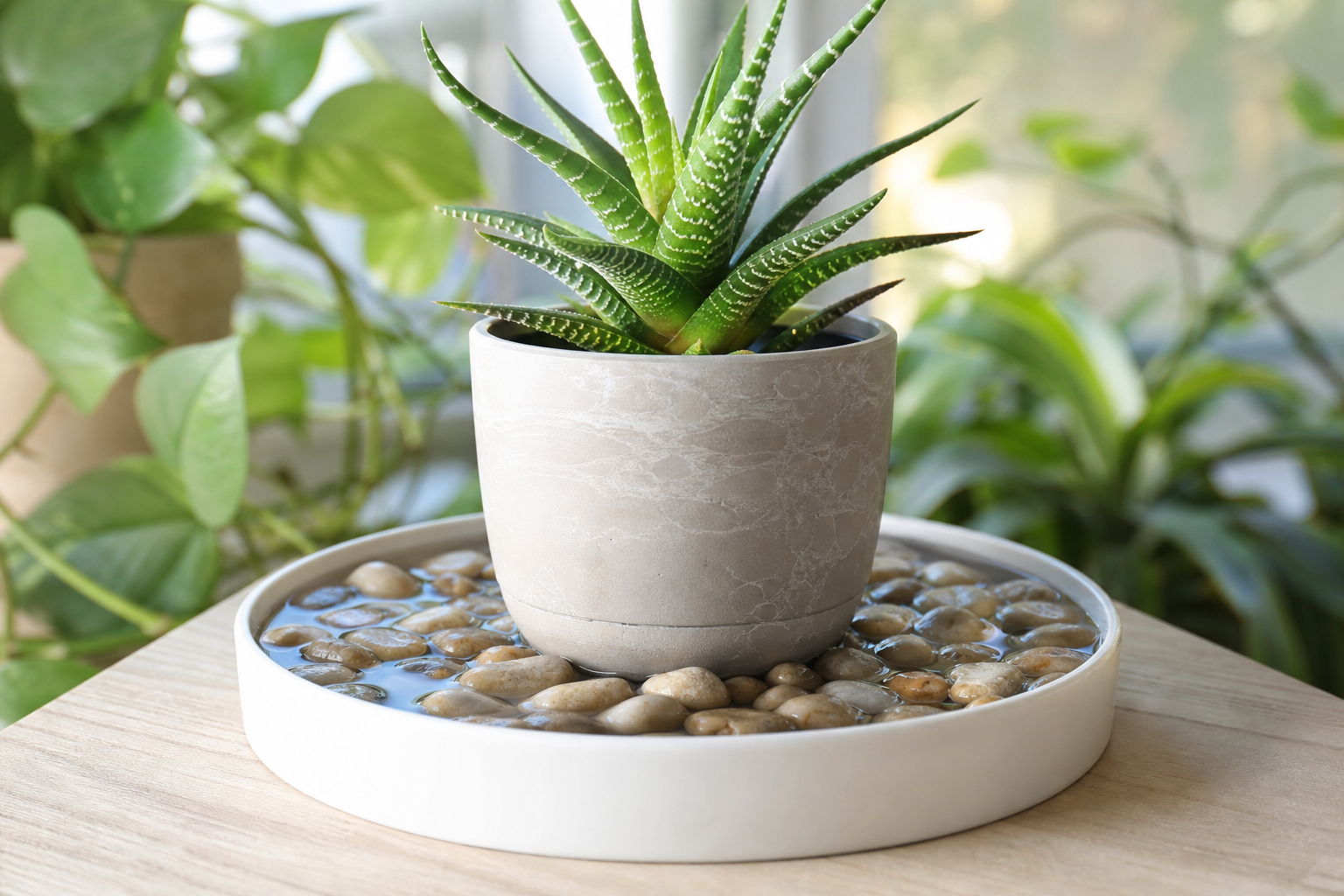 Shallow pebble tray with water below stone tops and pot resting above the waterline