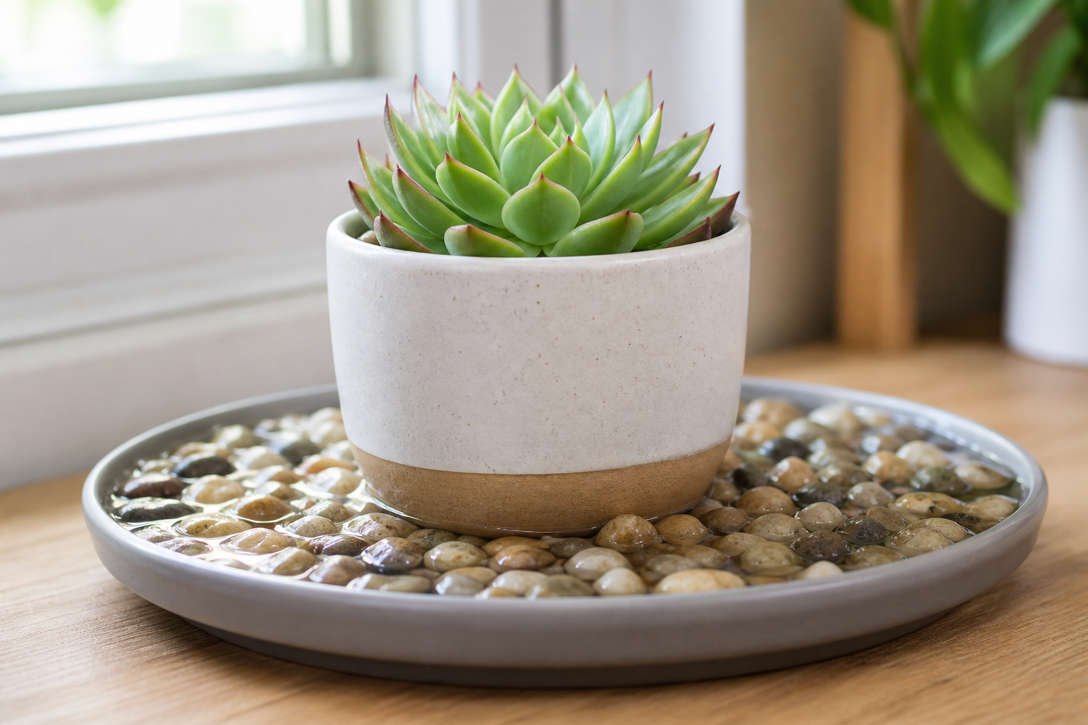 Compact Christmas cactus on a wide pebble tray in a dry heated room