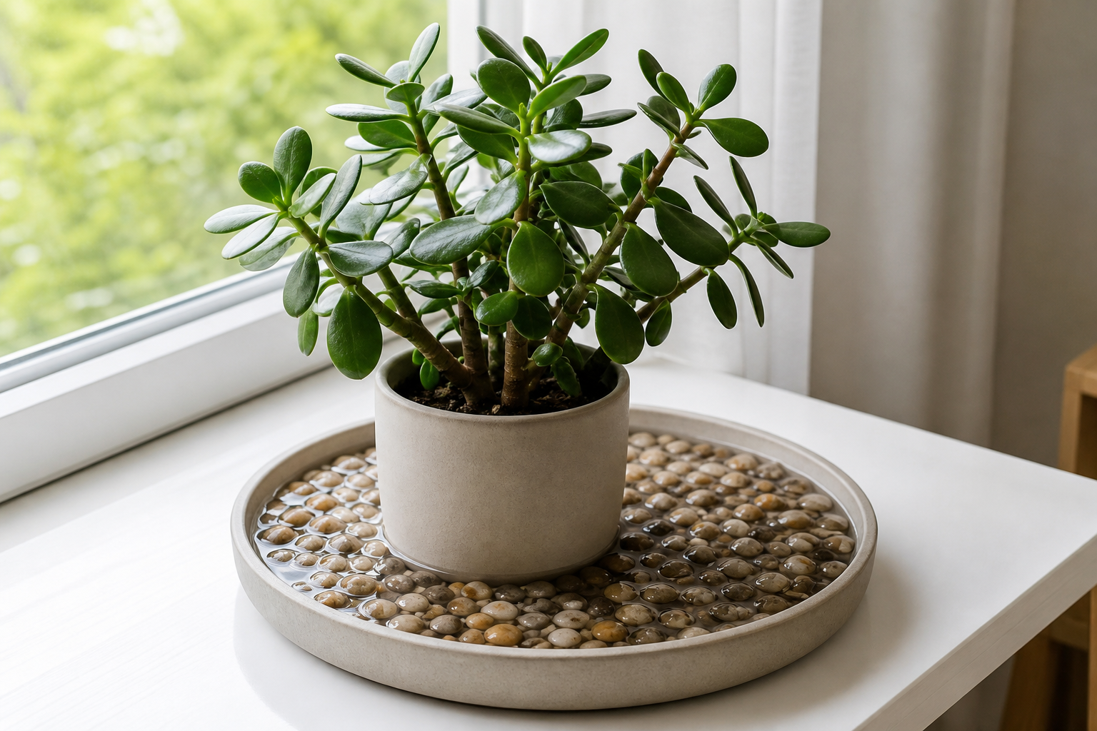 Desert succulent pebble tray setup that keeps the pot too low in standing water