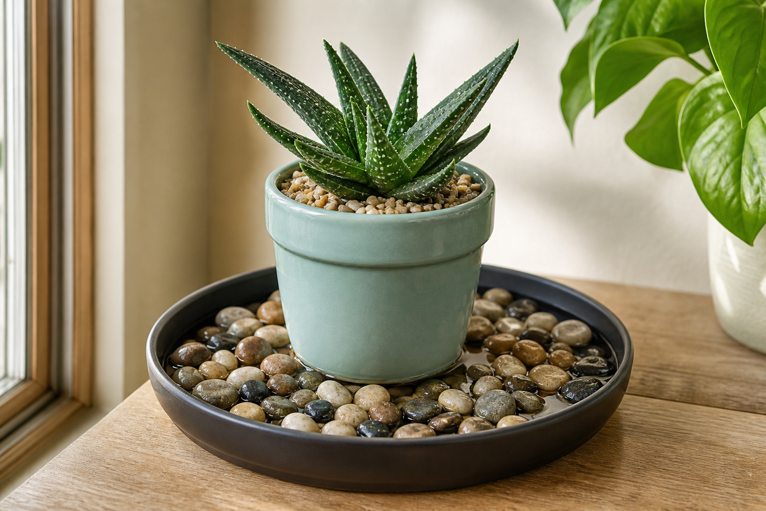 Desert succulent beside a pebble tray — most arid-adapted types do not need extra humidity
