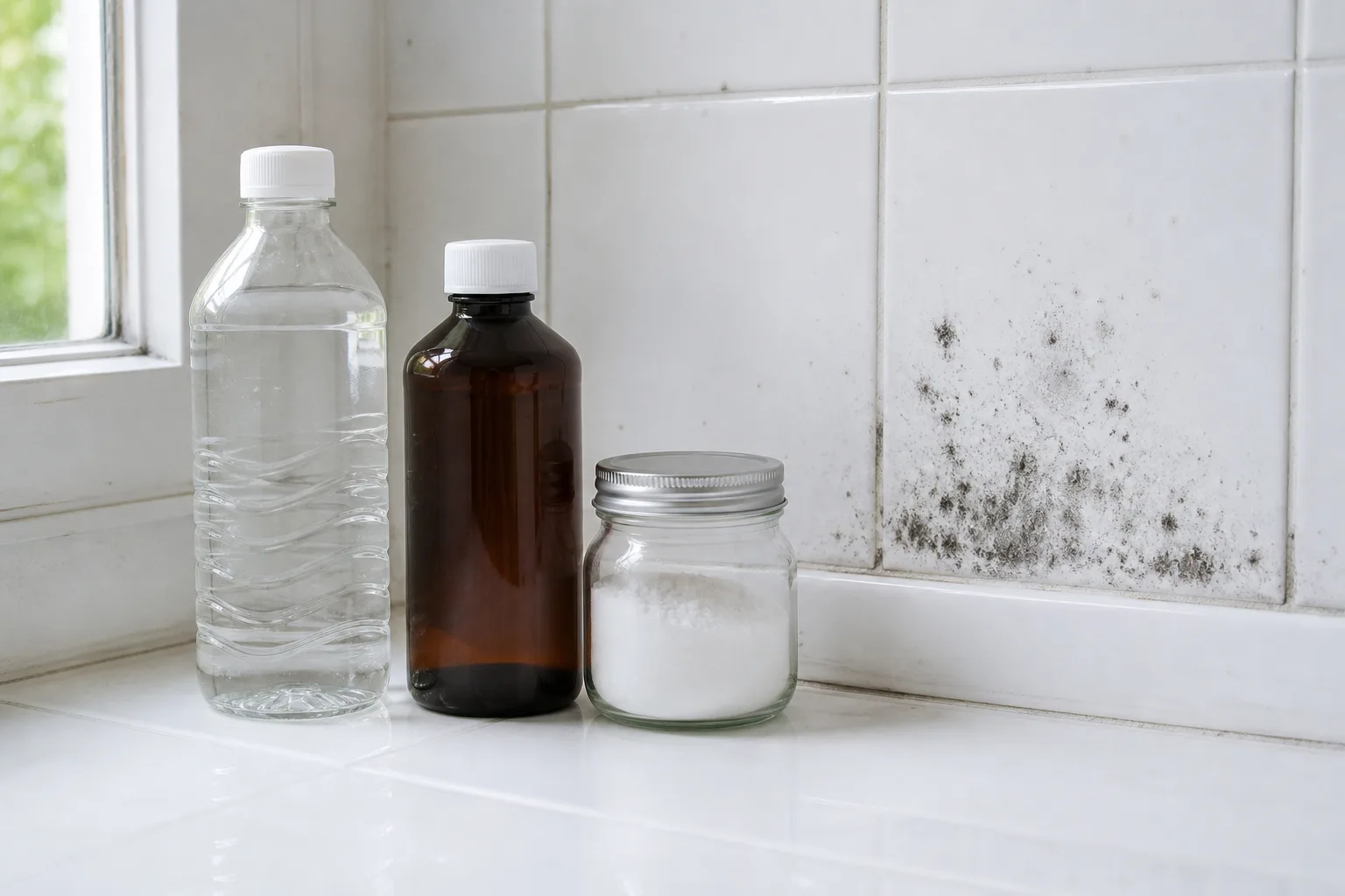 White vinegar and baking soda kept separate for sequential mold cleaning instead of mixing