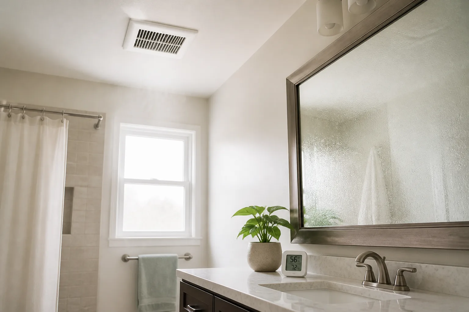 Bathroom condensation and a hygrometer, illustrating humidity control after mold cleaning